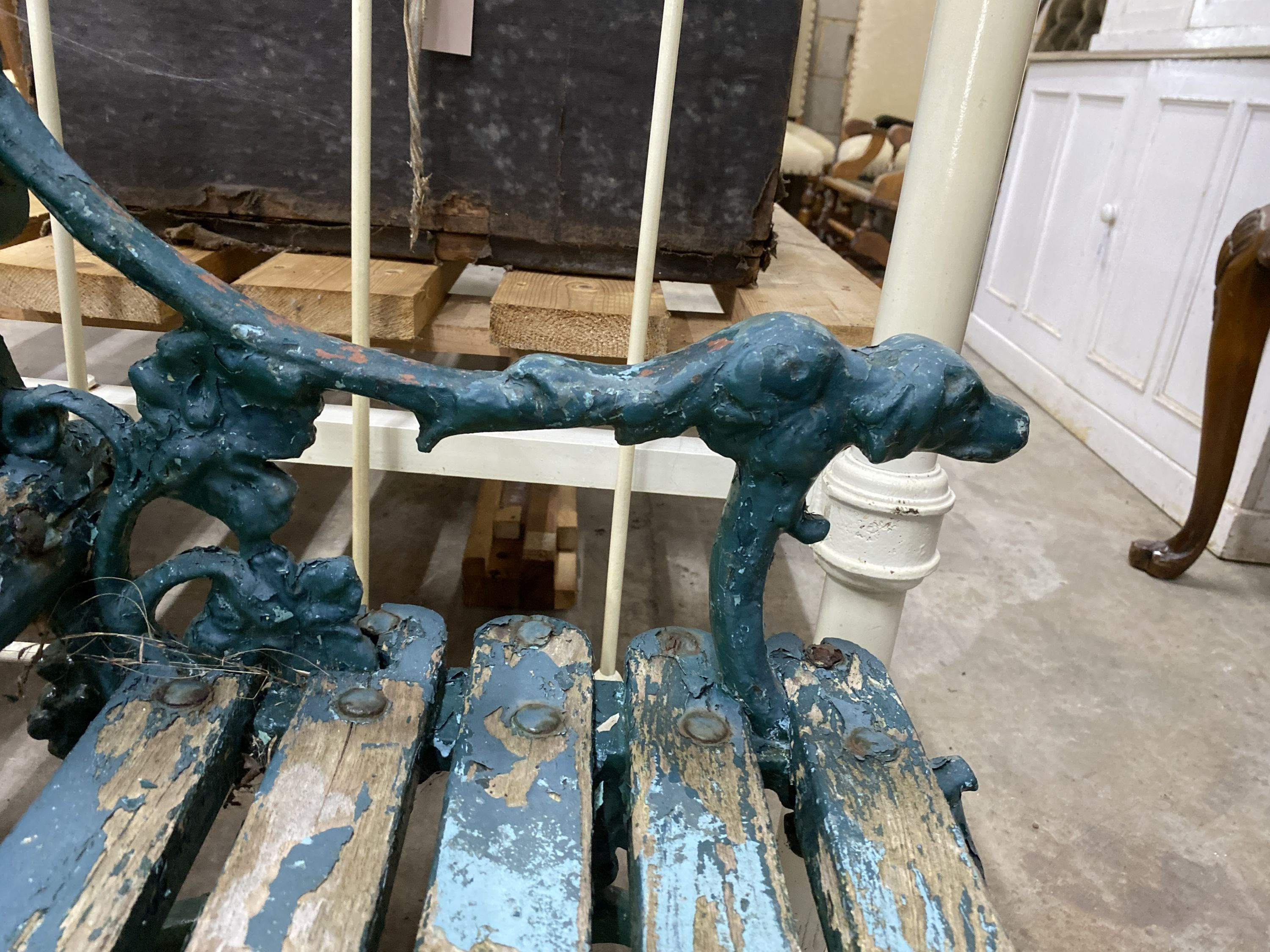 A Victorian Coalbrookdale painted cast iron serpent and grape slatted garden bench, length 160cm, depth 50cm, height 80cm